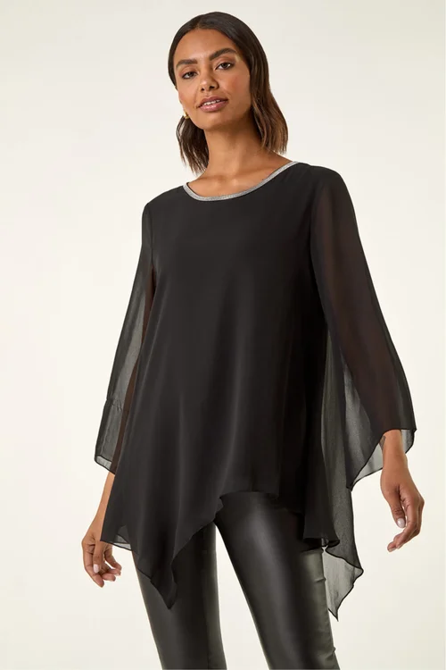 Roman Black Diamante Asymmetric Chiffon Top - 20 Image 1
