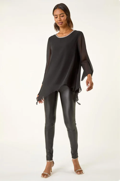 Roman Black Diamante Asymmetric Chiffon Top - 20 Image 2