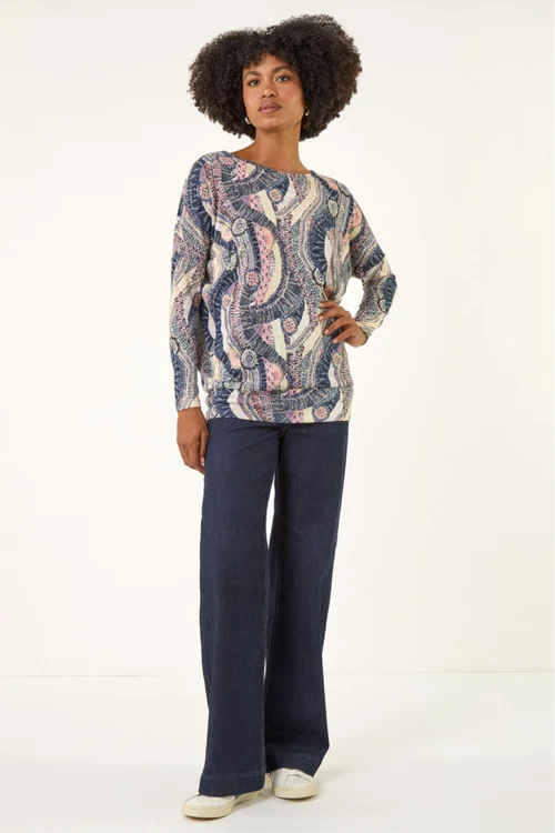 Roman Pink Abstract Print Banded Hem Stretch Top - 16 Image 2