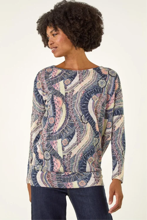 Roman Pink Abstract Print Banded Hem Stretch Top - 16 Image 4
