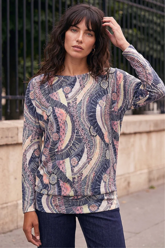 Roman Pink Abstract Print Banded Hem Stretch Top