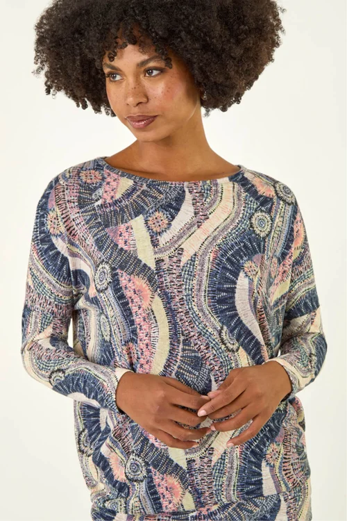 Roman Pink Abstract Print Banded Hem Stretch Top - 16 Image 1