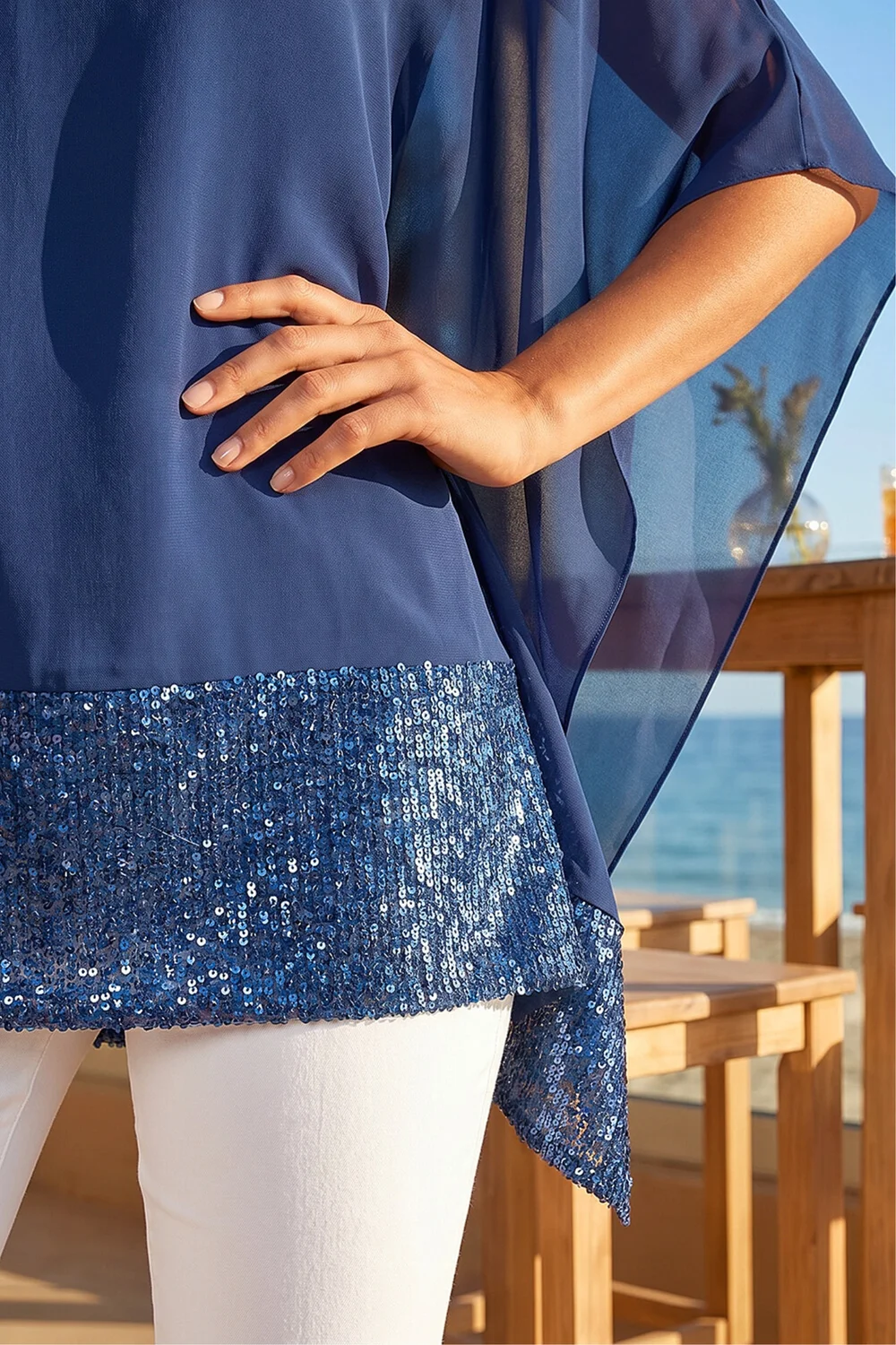 Roman Blue Sequin Hem Contrast Tunic Top - 10 Image 4