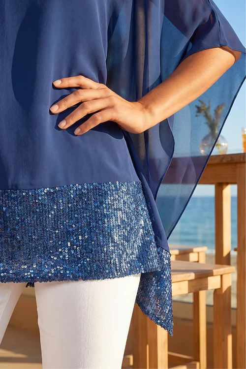 Roman Blue Sequin Hem Contrast Tunic Top - 10 Image 4
