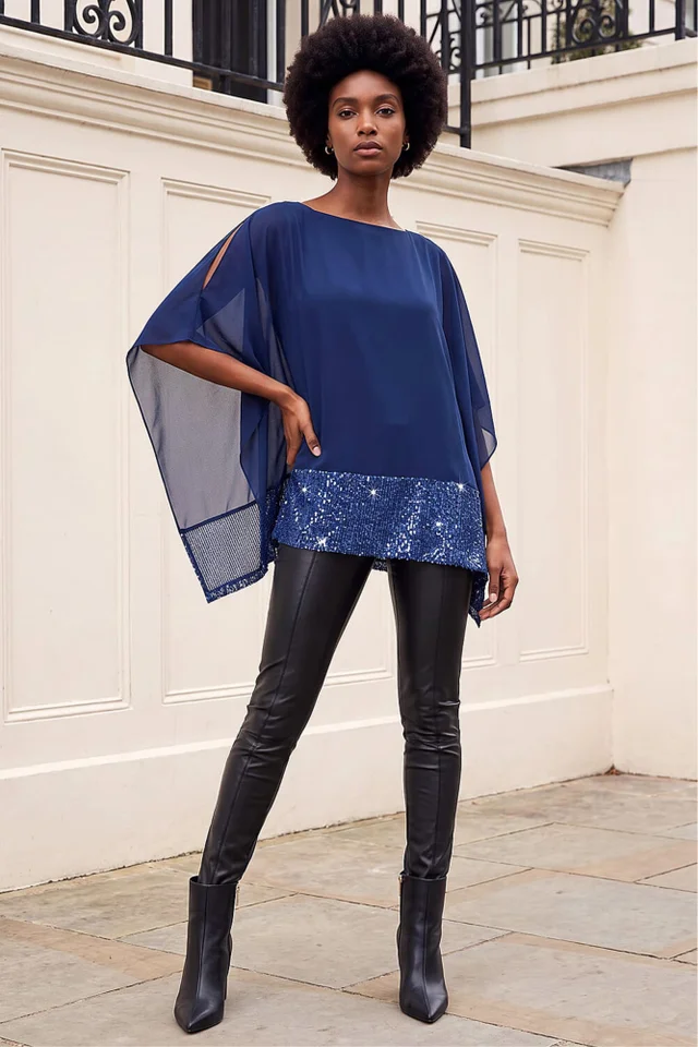 Roman Blue Sequin Hem Contrast Tunic Top
