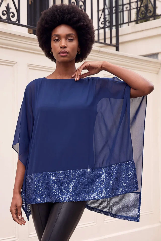Roman Blue Sequin Hem Contrast Tunic Top