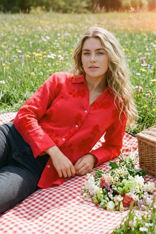 Roman Red Floral Embroidered Collared Shirt - 12 Image 1