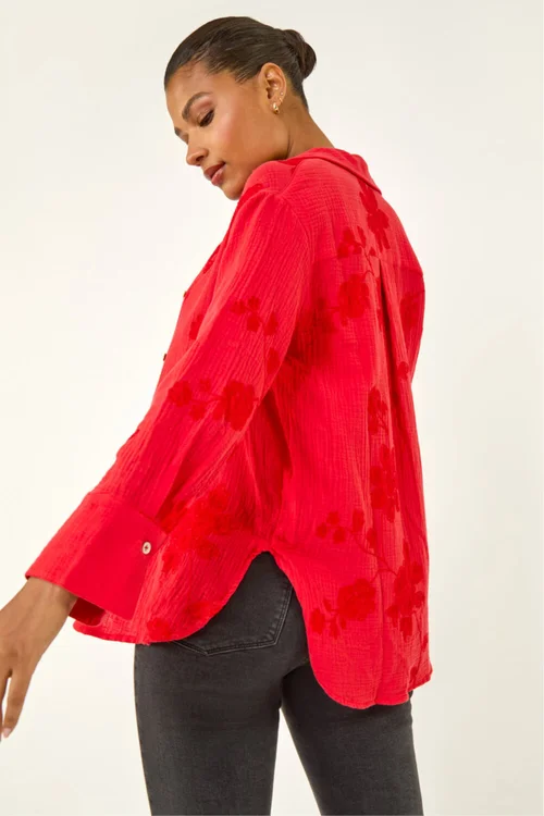 Roman Red Floral Embroidered Collared Shirt - 12 Image 2