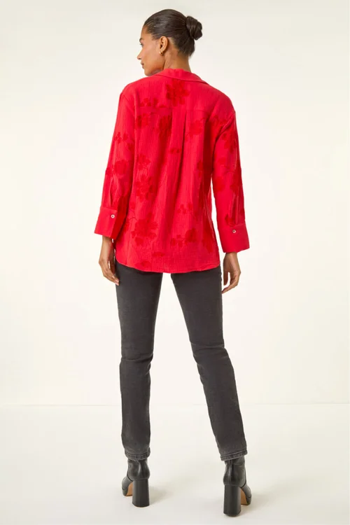Roman Red Floral Embroidered Collared Shirt - 12 Image 4