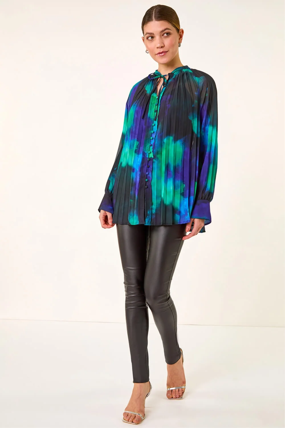 Roman Blue Watercolour Tie Neck Pleated Blouse - 12 Image 2