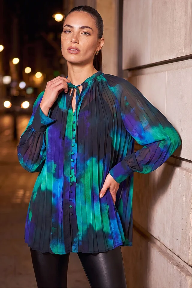 Roman Blue Watercolour Tie Neck Pleated Blouse
