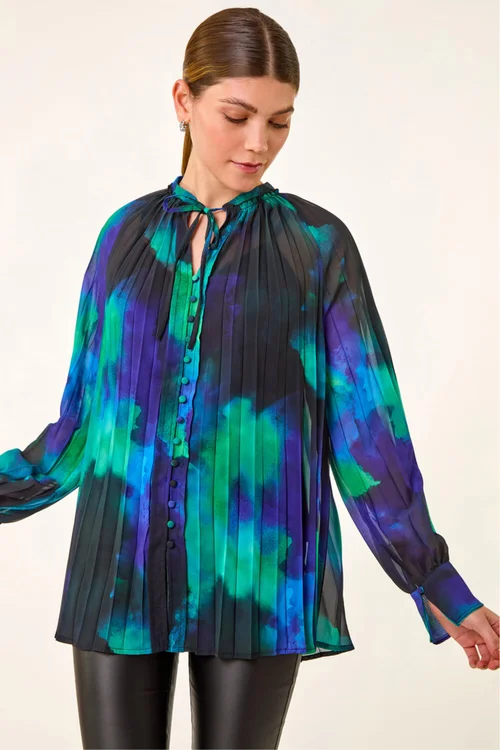 Roman Blue Watercolour Tie Neck Pleated Blouse - 12 Image 1