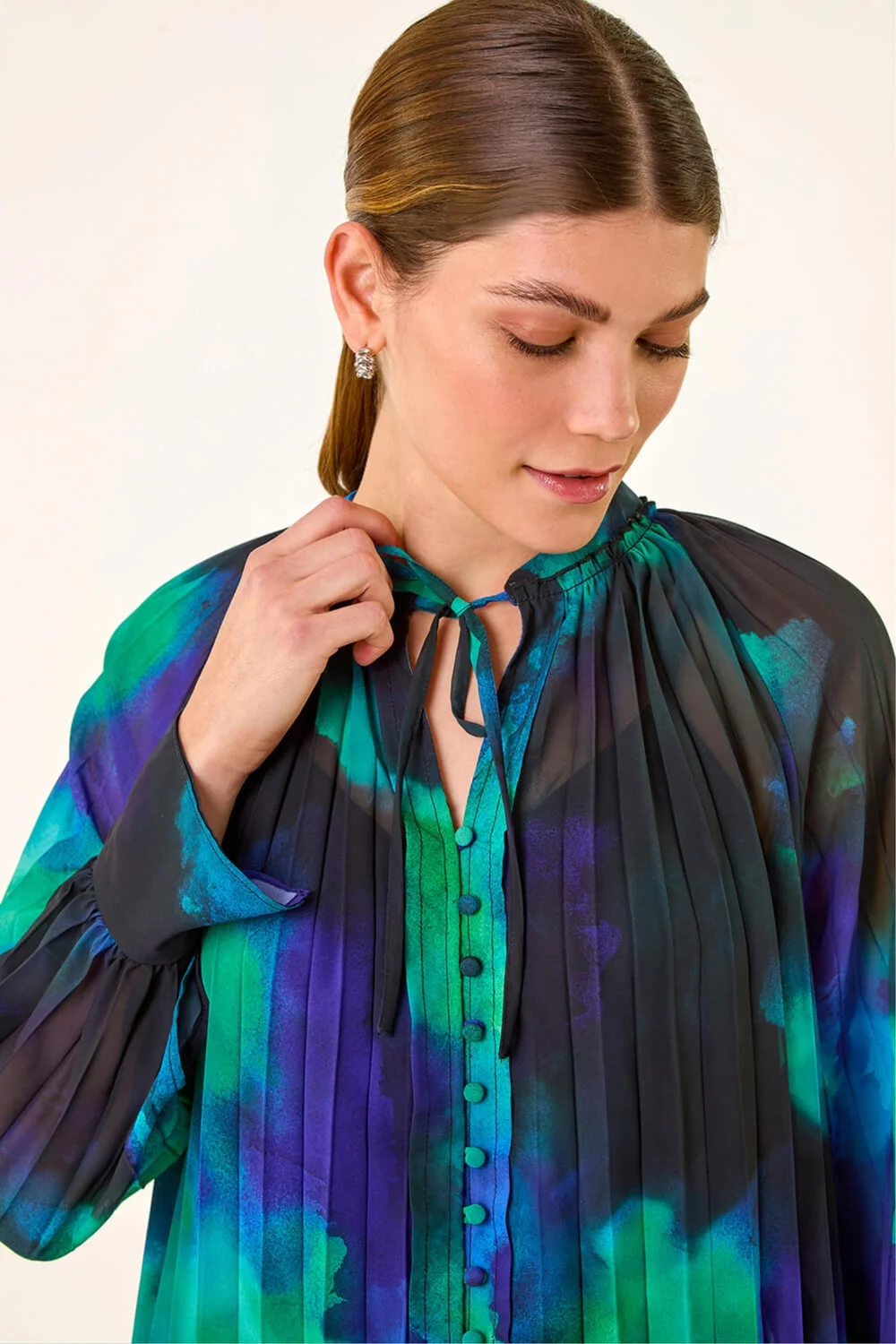 Roman Blue Watercolour Tie Neck Pleated Blouse - 12 Image 4