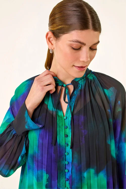 Roman Blue Watercolour Tie Neck Pleated Blouse - 12 Image 4