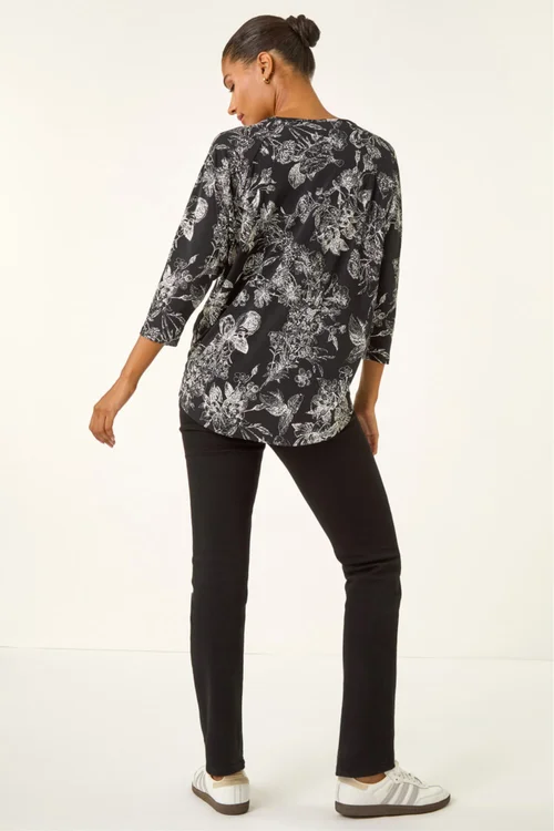 Roman Black Floral Puff Print Stretch Top - 10 Image 3