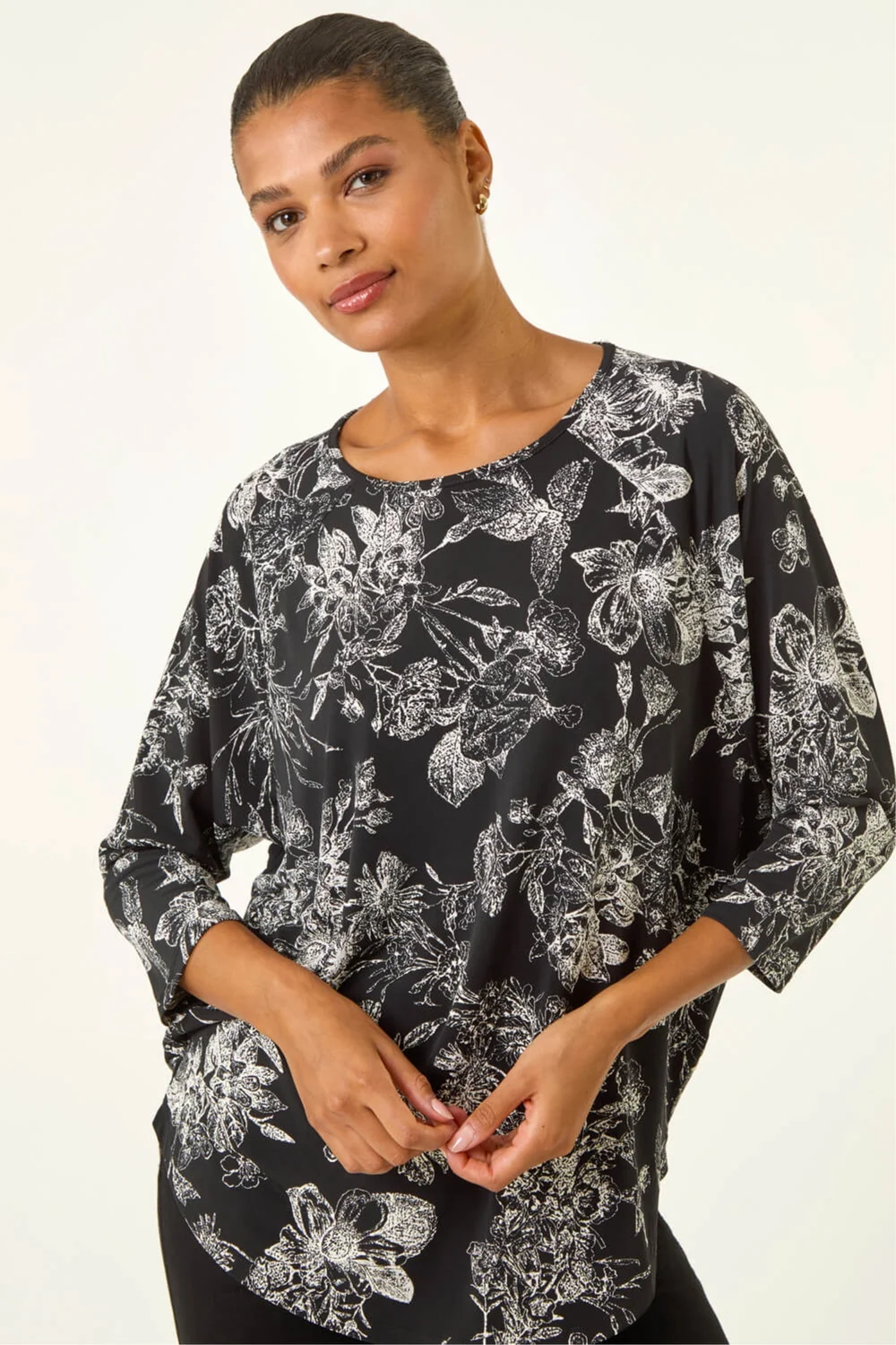 Roman Black Floral Puff Print Stretch Top - 10 Image 4