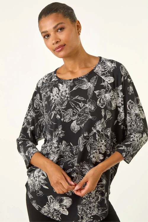 Roman Black Floral Puff Print Stretch Top - 10 Image 4