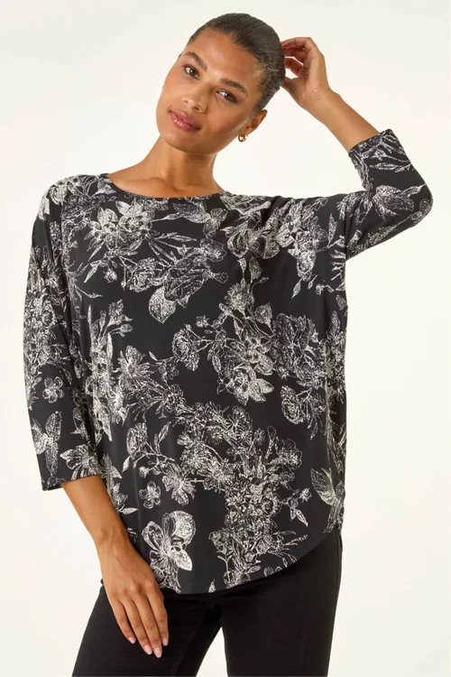 Roman Black Floral Puff Print Stretch Top - 10 Image 1