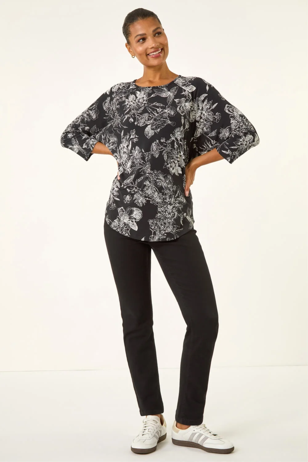 Roman Black Floral Puff Print Stretch Top - 10 Image 2
