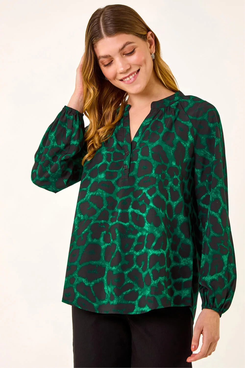 Roman Green Animal Print V-Neck Top - 10 Image 1