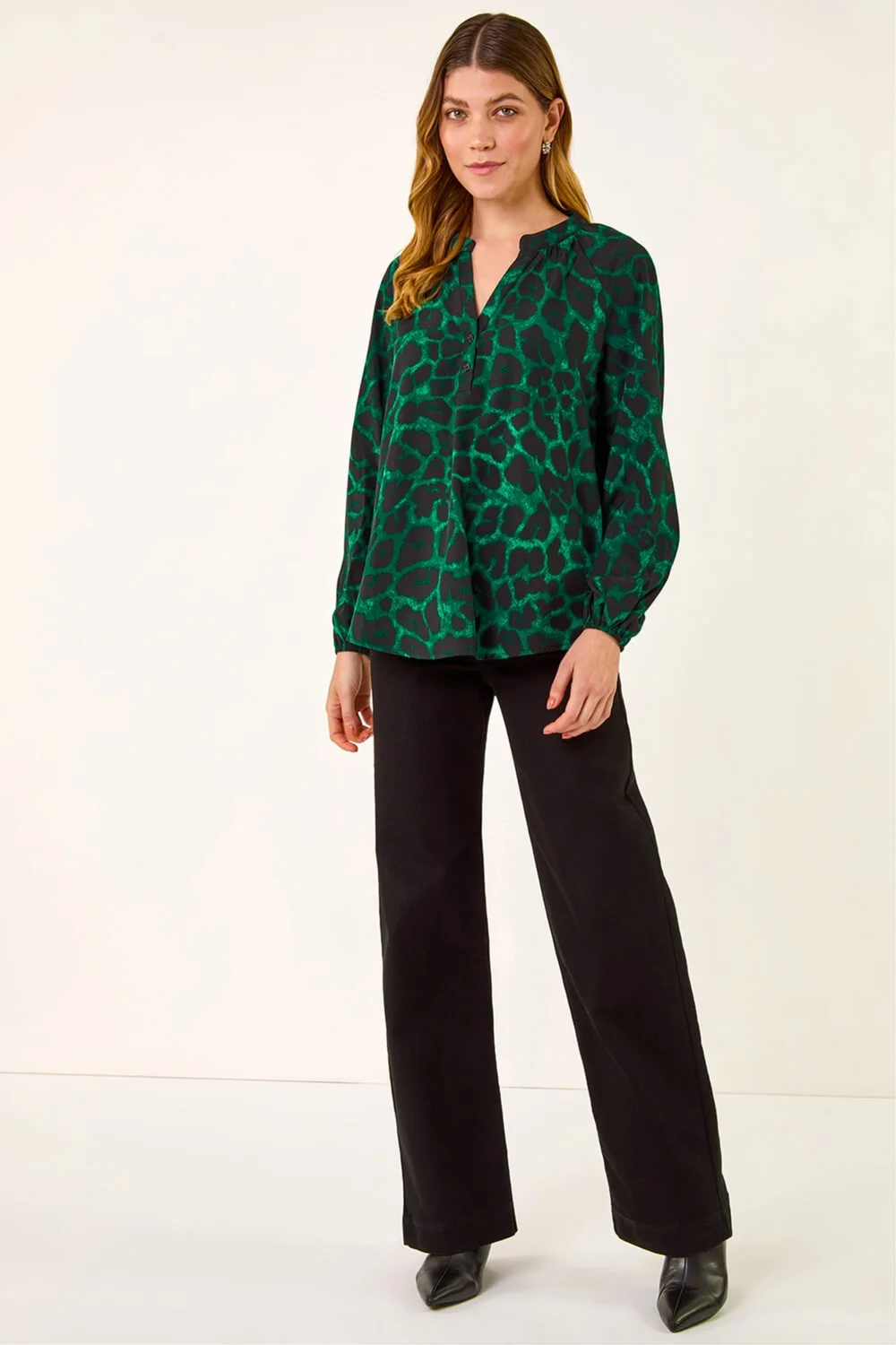 Roman Green Animal Print V-Neck Top - 10 Image 2
