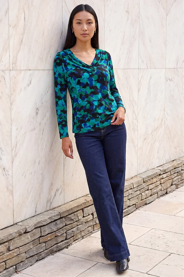 Roman Green Printed V-Neck Stretch Top