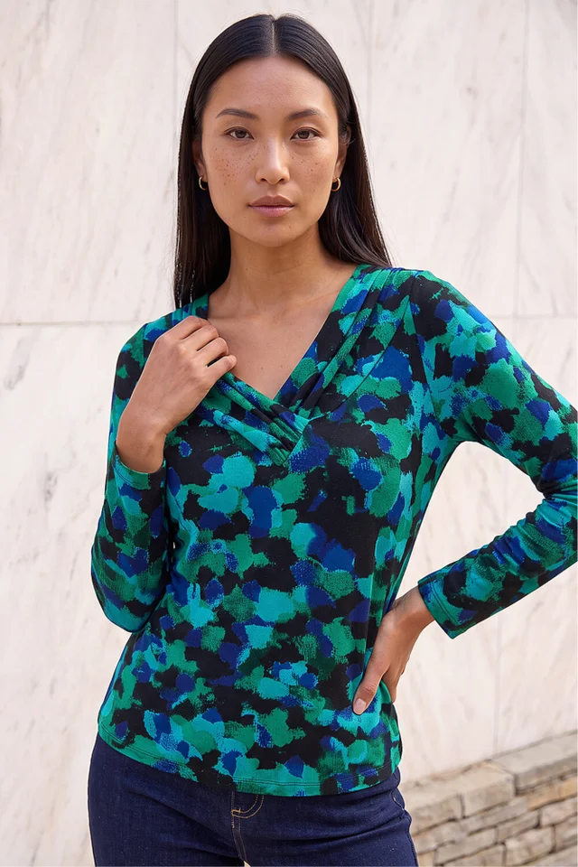 Roman Green Printed V-Neck Stretch Top