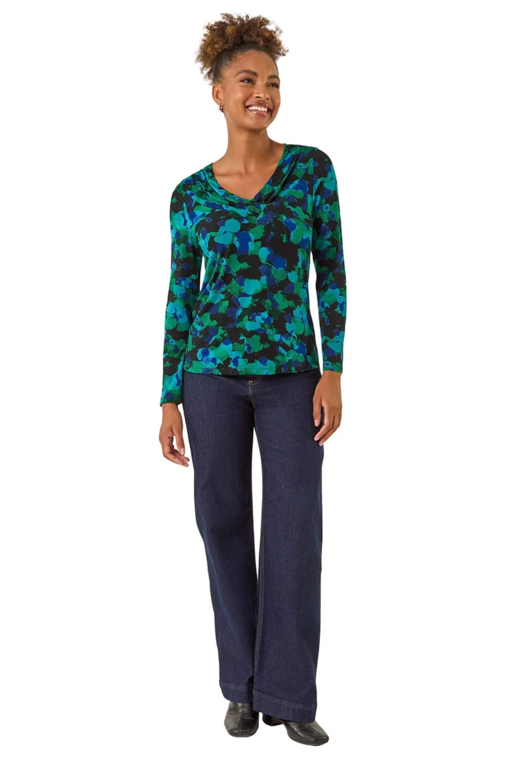 Roman Green Printed V-Neck Stretch Top - 12 Image 2