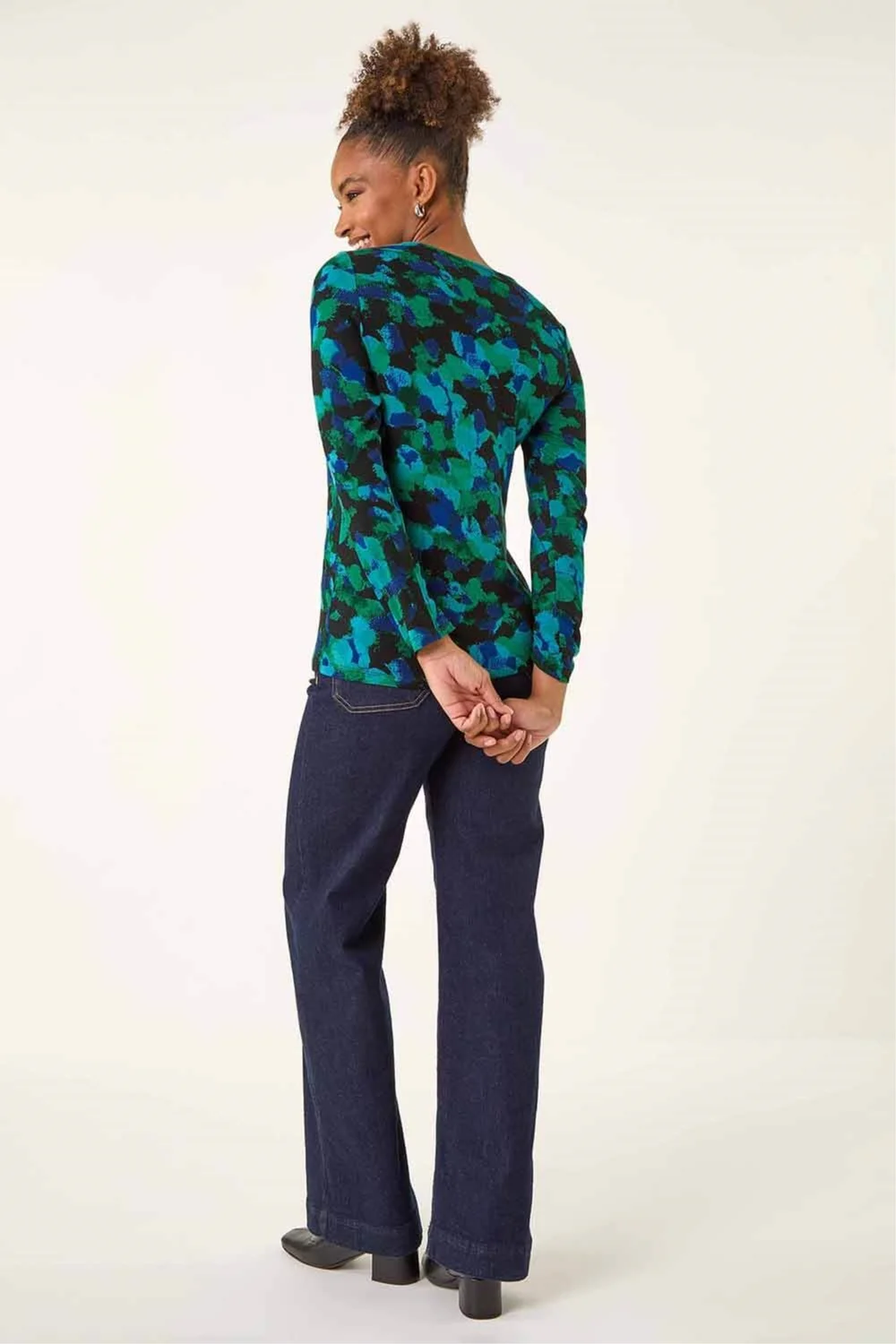 Roman Green Printed V-Neck Stretch Top - 12 Image 3
