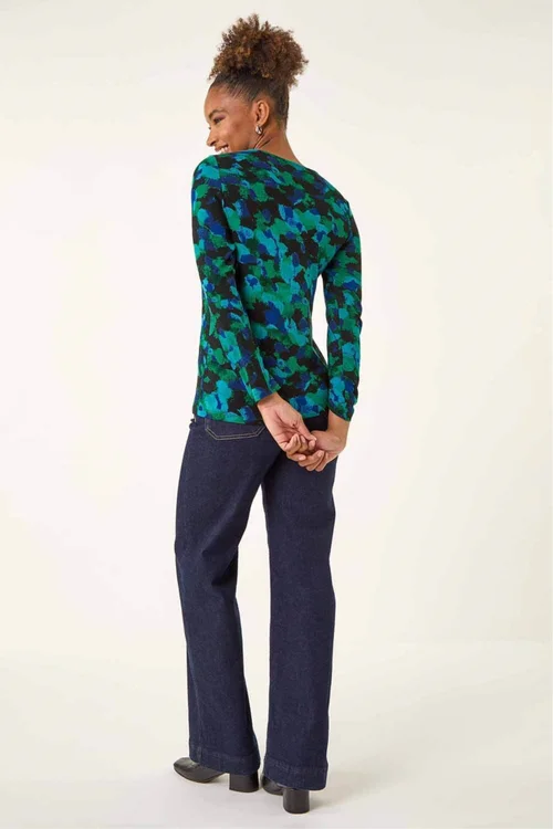 Roman Green Printed V-Neck Stretch Top - 12 Image 3
