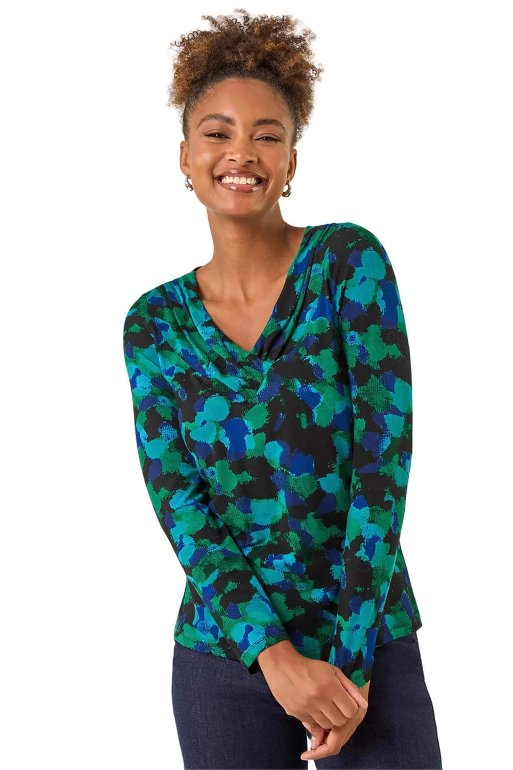 Roman Green Printed V-Neck Stretch Top - 12 Image 1
