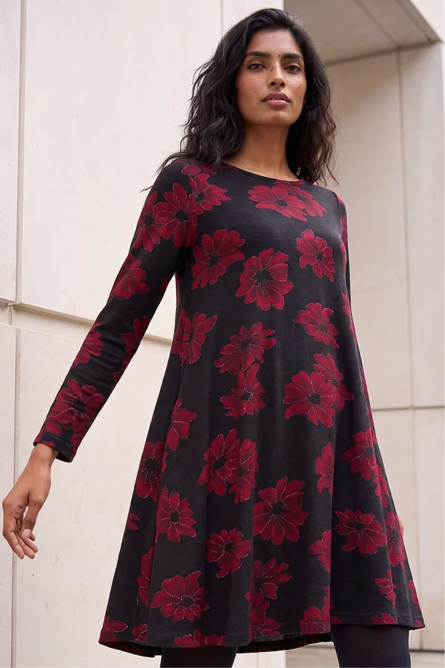 Roman Black Floral Print Stretch Swing Dress