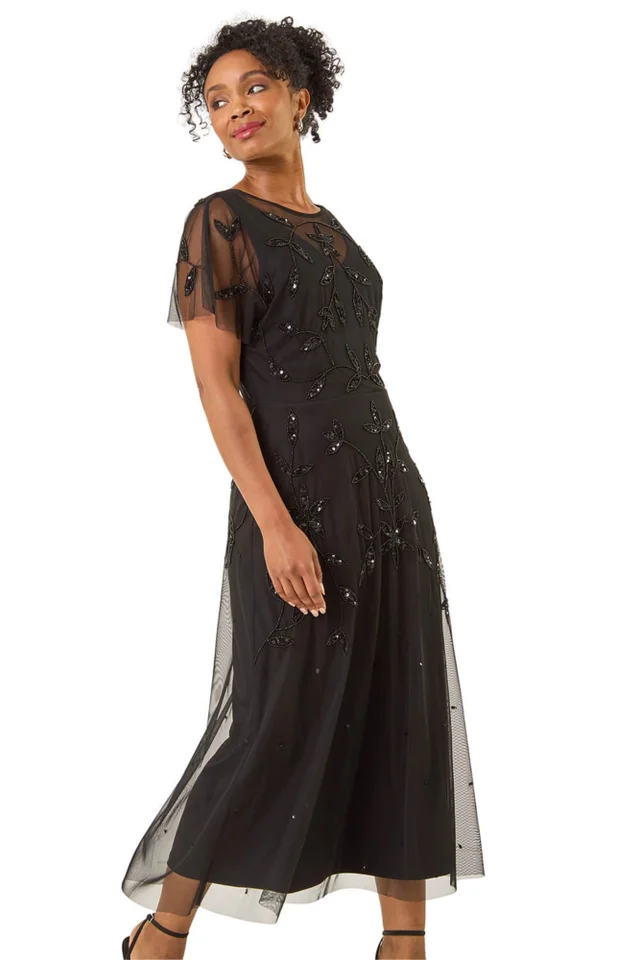 Roman Black Petite Embroidered Mesh Layered Dress