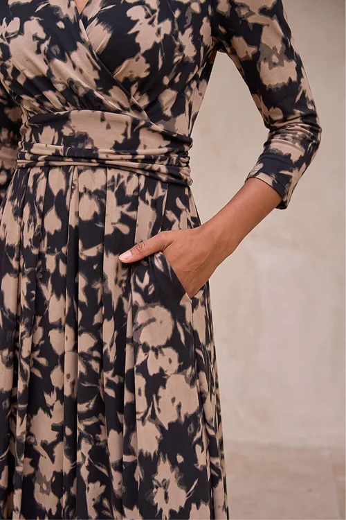 Roman Taupe Abstract Floral Print Wrap Midi Dress - 20 Image 4
