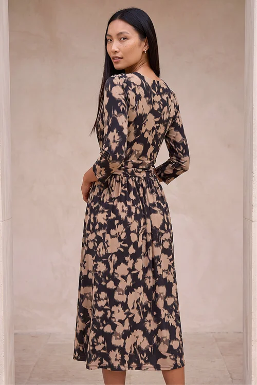 Roman Taupe Abstract Floral Print Wrap Midi Dress - 20 Image 3