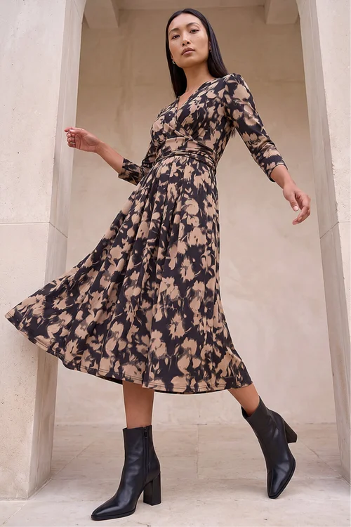 Roman Taupe Abstract Floral Print Wrap Midi Dress - 20 Image 1