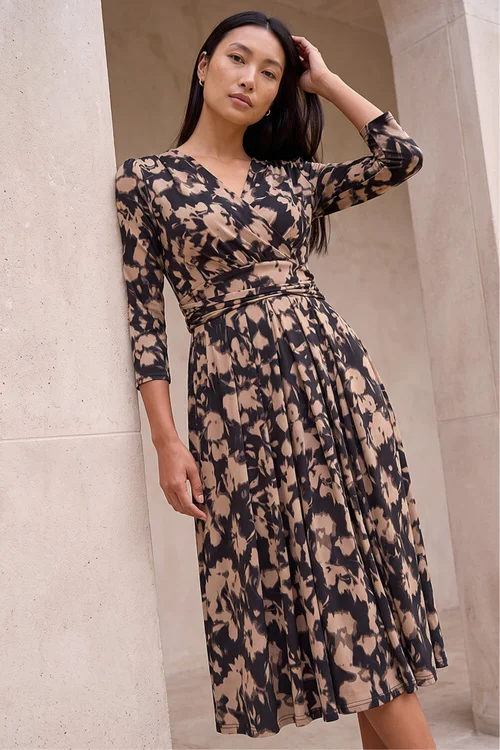 Roman Taupe Abstract Floral Print Wrap Midi Dress - 20 Image 2