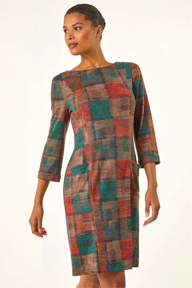 Roman Dark Orange Patchwork Print Shift Pocket Dress