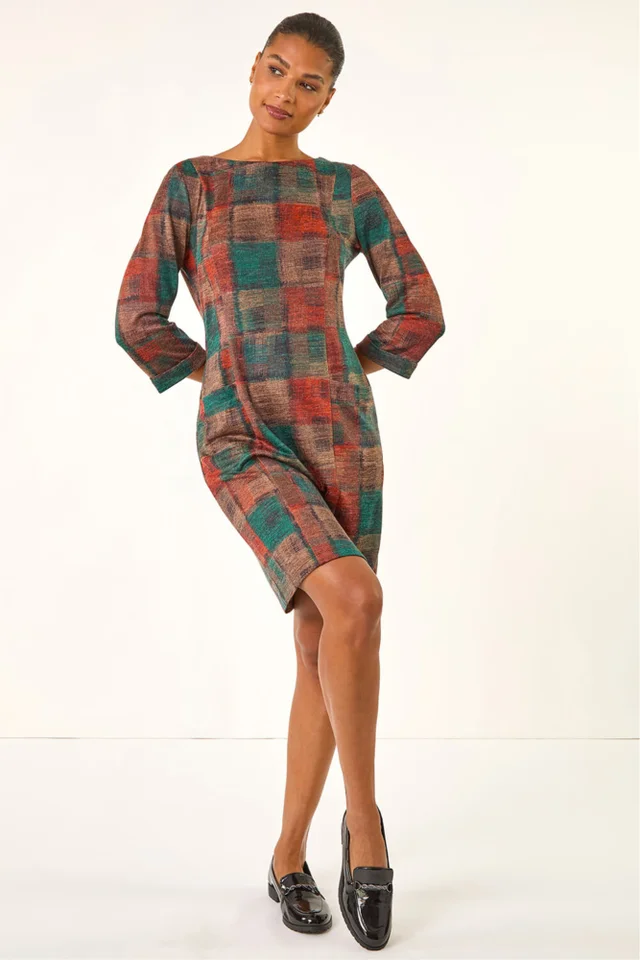 Roman Dark Orange Patchwork Print Shift Pocket Dress