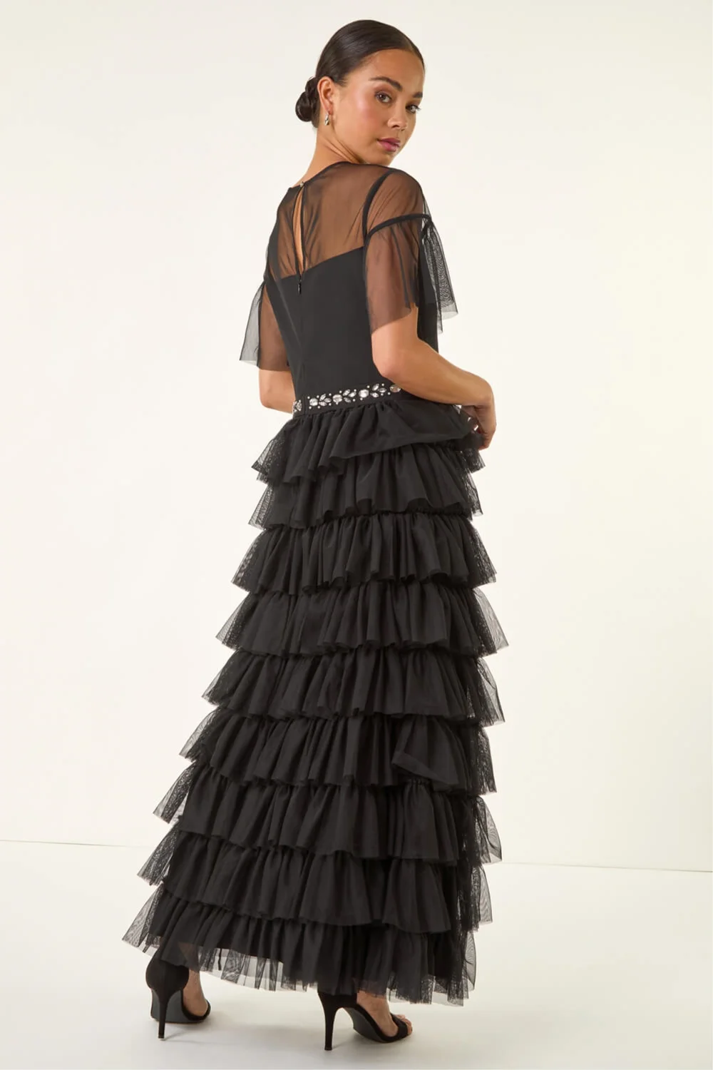 Roman Black Petite Embellished Mesh Tiered Dress - 10 Roman Black Petite Embellished Mesh Tiered Dress - 10