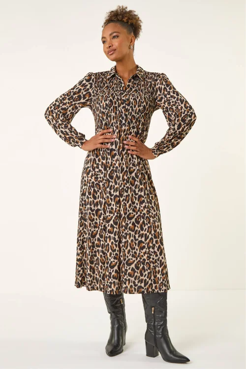 Roman Tan Animal Print Shirred Midi Dress - 24 Image 1
