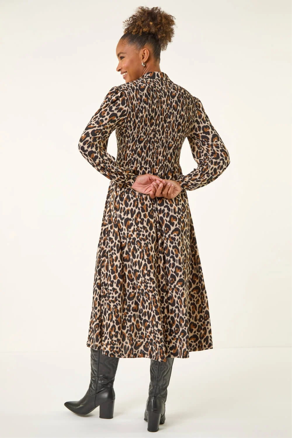 Roman Tan Animal Print Shirred Midi Dress - 24 Image 3