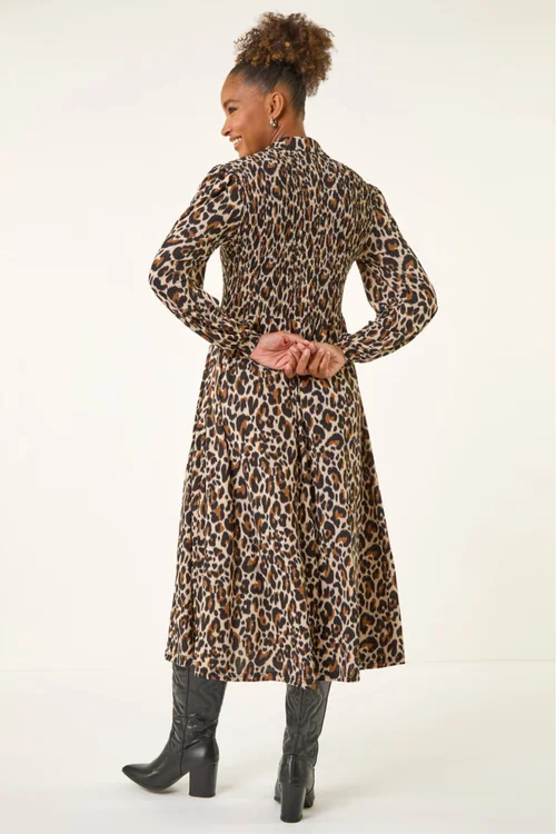 Roman Tan Animal Print Shirred Midi Dress - 24 Image 3