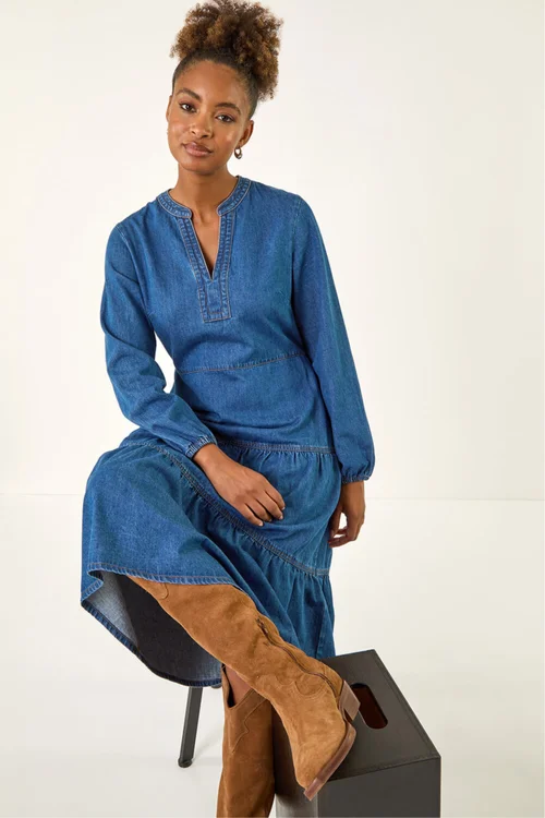 Roman Denim Cotton Denim Tiered Midi Dress - 16 Image 2