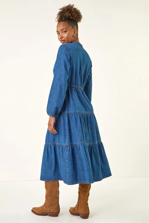 Roman Denim Cotton Denim Tiered Midi Dress - 16 Image 4