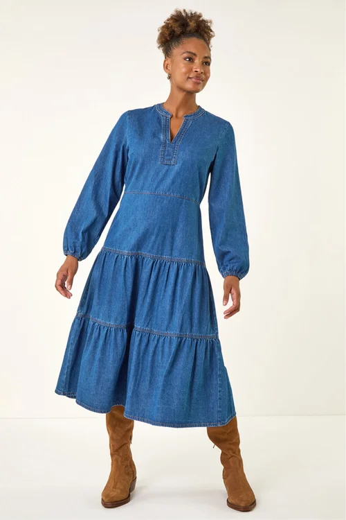 Roman Denim Cotton Denim Tiered Midi Dress - 16 Image 3