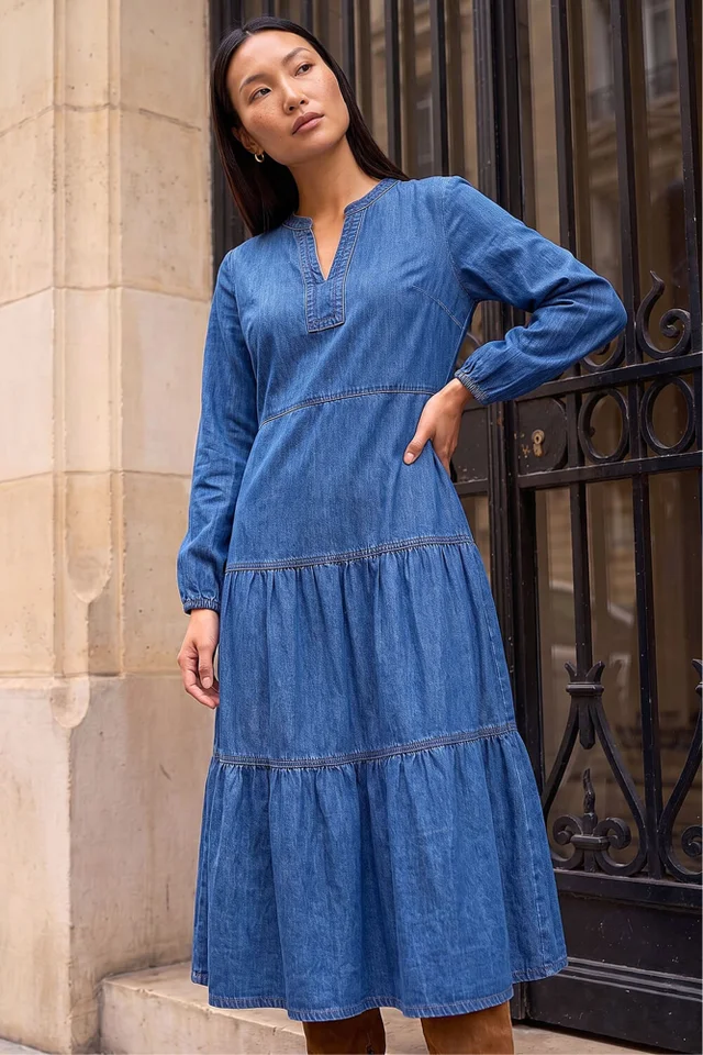 Roman Denim Cotton Denim Tiered Midi Dress