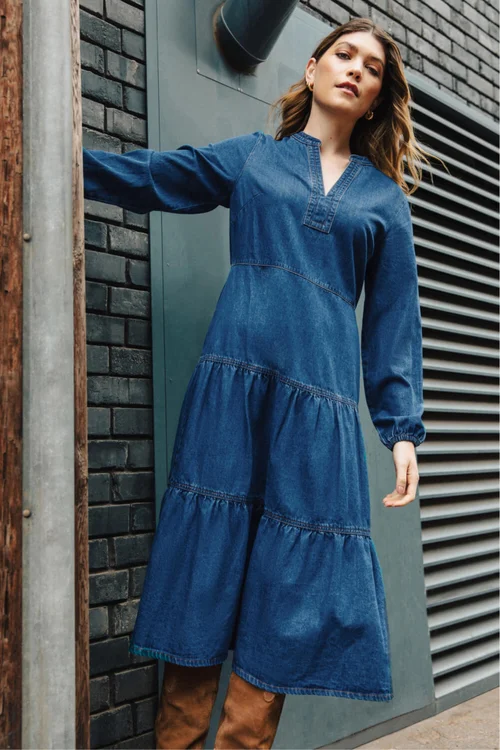 Roman Denim Cotton Denim Tiered Midi Dress - 16 Image 1