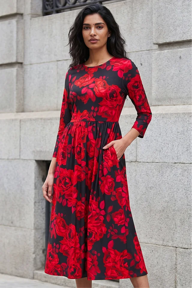 Roman Red Rose Print Gathered Stretch Midi Dress
