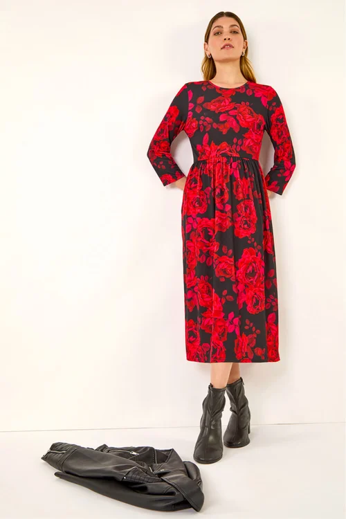 Roman Red Rose Print Gathered Stretch Midi Dress - 12 Image 1
